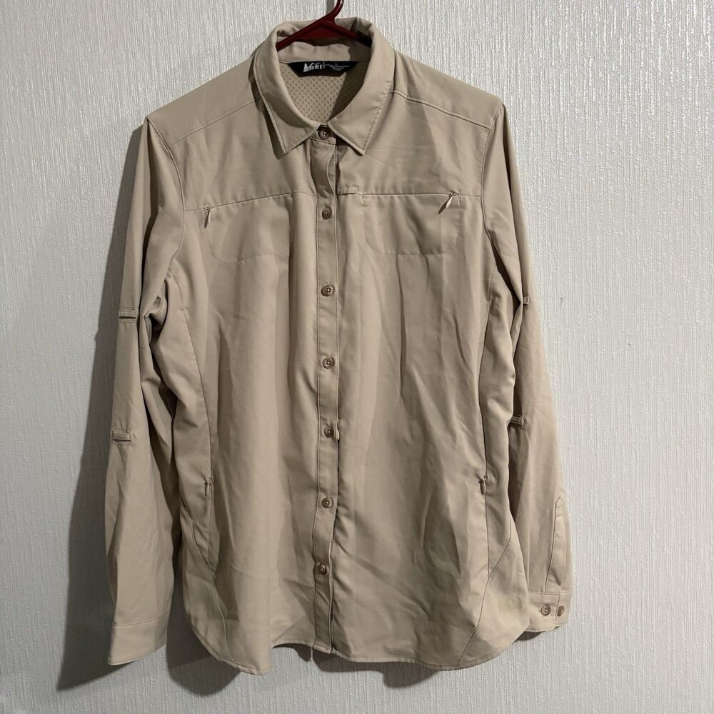 REI Hiking Shirt Vents Zip Pockets Button Down Sun Hike Beige Fish Women’s L